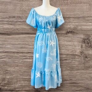 Peach Love Ally Sea Print Sky Blue Midi Dress Mini under Slip Size Large NWT